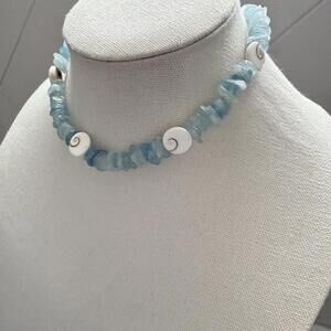 Aquamarine Shiva Shells Necklace. Handmade Beach Coastal Jewelry.